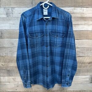 GAP Mens Denim Worker Shirt Blue Plaid Button Up 2 Chest Pockets Size‎ M